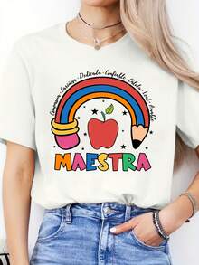 Camiseta casual de mujer, estampado de letras en español, cuello redondo, manga corta, tejido elástico, diseño vibrante de arcoíris y corazón, para primavera verano, camiseta gráfica de arcoíris, top de moda de primavera cómodo, ropa de mujer - Blanco - Ver 6