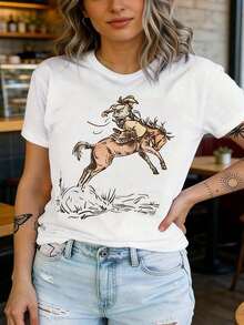 Camiseta de Mujer con Estampado de Vaquera y Caballo - Suave, Transpirable, Cuello Redondo, Manga Corta, Lavable a Máquina, Camiseta Casual de Verano para Primavera y Verano. - Blanco - Ver 2