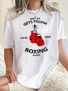 Women's Clothing Casual Short Sleeve Sports T-Shirt With Creative Boxing Gloves And Letter Print, Comfortable For Summer And Vacation, Women's Shirts - 白色 - 查看 1