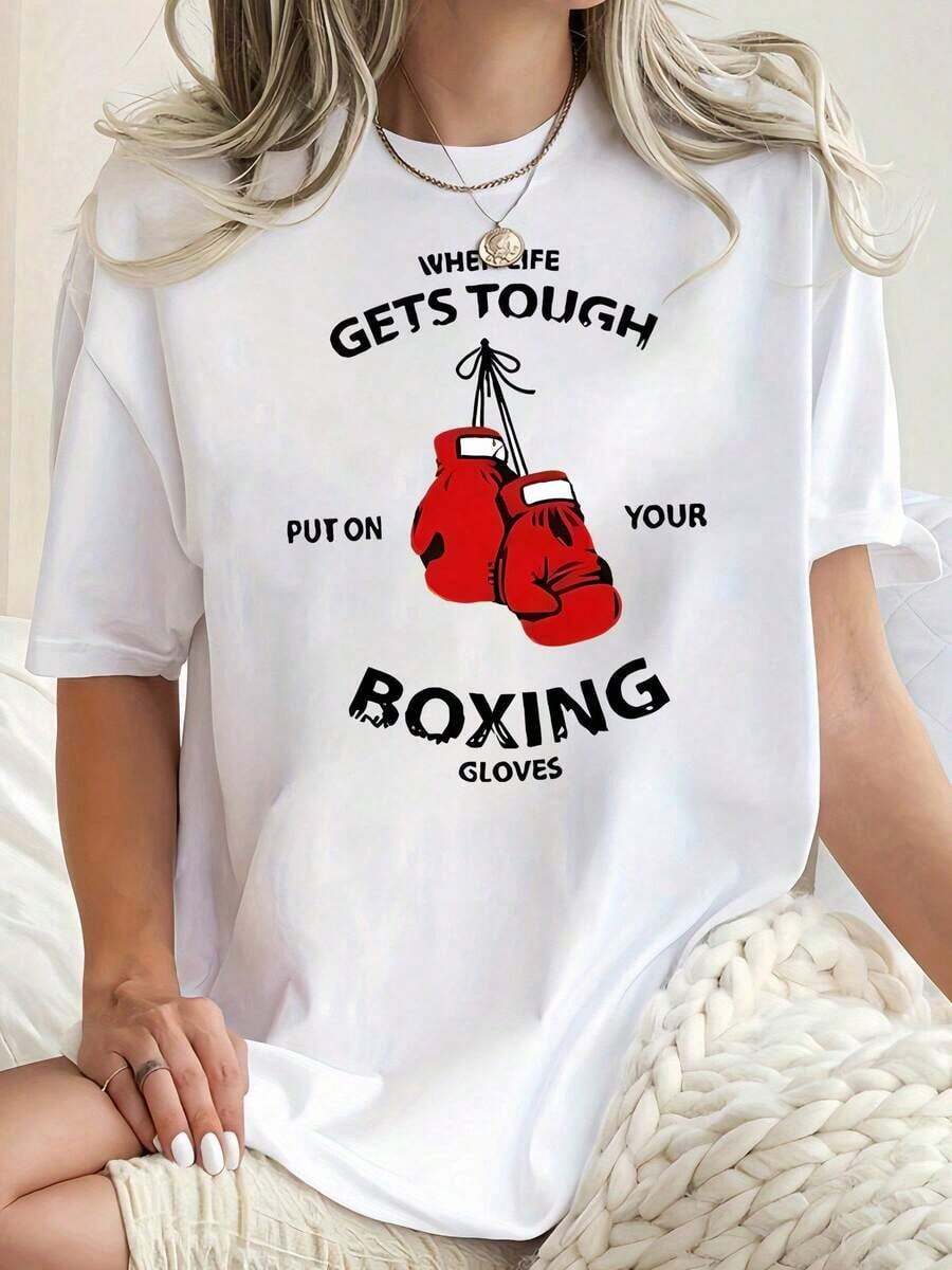 Women's Clothing Casual Short Sleeve Sports T-Shirt With Creative Boxing Gloves And Letter Print, Comfortable For Summer And Vacation, Women's Shirts - 白色 - 查看 1