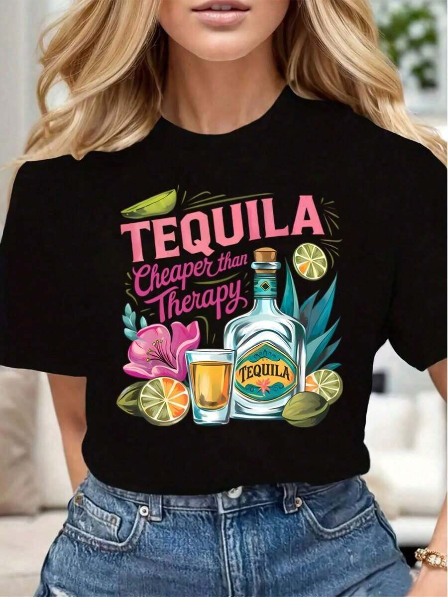 Women's Clothing Tequila Cheaper Than Therapy Casual Printed T-Shirt For Women Soft And Comfortable Gift For Birthday Party Summer Clothes Women's Shirts - 黑色 - 查看 1