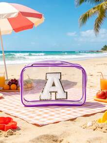 1pc Transparent PVC Portable Storage Bag With A-Z Letter Towel Embroidery Pattern, Large Capacity Cosmetic Organizer Box/Case, Waterproof Design With Zipper, Multifunctional Makeup Bag, Beauty Bag For Storing Lipsticks, Makeup Brushes, Skincare Products, Phones, Coins And Various Small Items, Suitable For Home And Vacation, Travel Essential, Ideal For Holiday Trips And Back To School - Multicolor - View 6