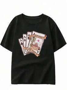Solt Traceable Cotton Camiseta de manga corta de algodón puro para mujer con estampado de cactus del desierto occidental, cuello redondo, modelo T30 con diseño de personalidad. - Negro - Ver 7