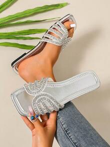 New Spring/Summer Fashion Casual Strap Slide Sandals, Comfortable Flat Heel Round Toe Beach Slippers, Versatile Minimalist Slip-On Sandals For Women - Silver - View 3