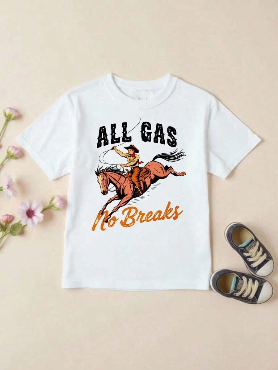 Women's Clothing 1pc White T-Shirt With Cowboy And Horse Print For Kids, Round Neck, Casual Cotton T-Shirt, Medium Elasticity Knit Fabric, Regular Fit For Boys And Girls, Alphabet Pattern, For Spring/Summer/Autumn, Independence Day/Labor Day/Thanksgiving Day, Women's Shirts - 白色 - 查看 1