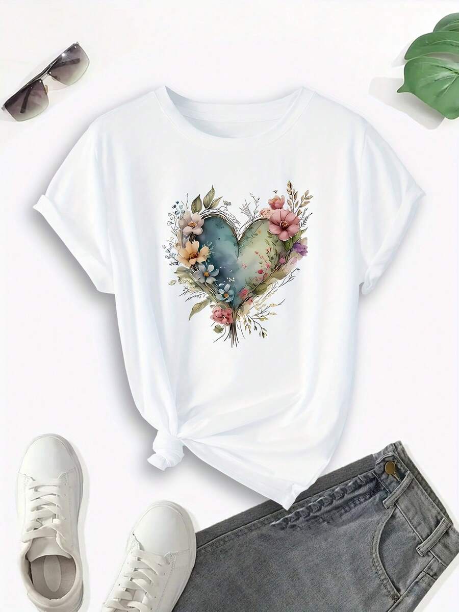 Playera de Mujer con Estampado de Corazón de Flores en Acuarela Estilo Artístico Manga Corta Corte Regular Suave - Blanco - Ver 1