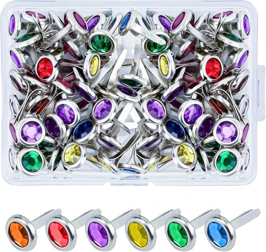 AJulyBee 50Pcs Brads Metal Brad For Paper Crafts, Multicolor Crystal Paper Fastener In A Box, Bass Fasteners For Scrapbooking DIY(8 X 15 Mm) - ColorA - View 1