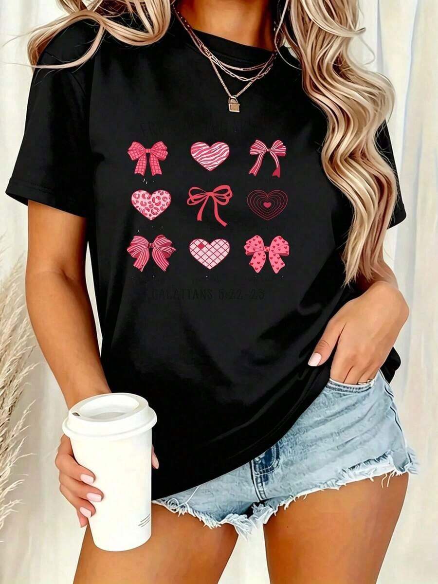 Camiseta Vintage de Nuevo Estilo con Estampado "Fruto del Espíritu Corazones Cristianos Galateses 522 23", Manga Corta, Cuello Redondo, Top Casual para Verano y Primavera, Ropa de Mujer, Camiseta de Moda para Mujer, Fresca y Cómoda - Negro - Ver 1
