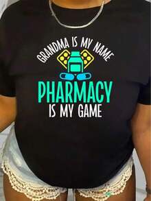 Camiseta Divertida para Mujer con Frase de Farmacéutica - "Abuela es mi nombre, farmacia es mi juego" - Camiseta con Diseño de Farmacia, Pastillas y Jeringas, Talla Grande, Casual, de Manga Corta y Cuello Redondo, Adecuada para Entusiastas de la Farmacia, Enfermeras y como Regalo para la Abuela - Cómoda para Todas las Temporadas, Lavable a Máquina, Ideal para Primavera y Verano, Corte Holgado, Estampado de Letras con Humor, Ropa de Trabajo Farmacéutica - Negro - Ver 7