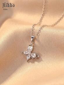 Hihho 1pc High-Quality Cubic Zirconia Butterfly Necklace, Delicate Collarbone Chain Suitable For Commuting, Dating, Gatherings, Matching Sweaters, Shirts, Dresses - Butterfly - View 1