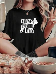 Camiseta Minimalista Blanca de Manga Corta con Estampado Gráfico de una Perra Francesa Loca, Ropa Casual Diaria para Mujer, Estilo Urbano, Camiseta Sencilla de Color Sólido para Mujer, Corte - Negro - Ver 8
