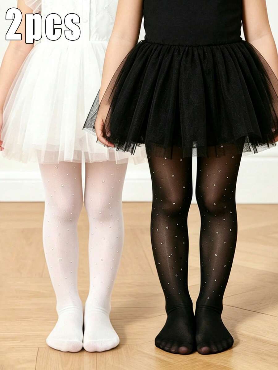2pcs Girls' Rhinestone Decorated Ultra-Thin Tights, Skinny Elastic Shiny Leggings Suitable For Performance, Daily Wear