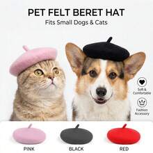Wang Meow Pet 1件可愛純色寵物貝雷帽，附固定繩防掉落寵物頭飾，時尚裝飾寵物拍照道具，適合貓咪和小狗休閒戶外派對穿搭配件 - 彩色 - 查看 2