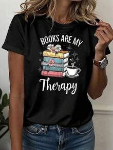 Women's T-Shirts, Summer Tops, Women's Casual Sports T-Shirt, Crew Neck T-Shirt, "Books Are My Therapy", Artistic Women's Leisurewear, Reading Therapy T-Shirt, End-Of-Season Gift, Book And Coffee Pattern, Book T-Shirt, Reading Therapy, Comfortable All-Season Top, Cotton T-Shirt, Women - Black - View 6