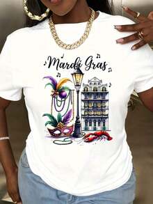 Camiseta Gras Party con diseño de escena callejera de Nueva Orleans, máscara, cuentas y cangrejo de río, top casual para mujer. - Blanco - Ver 2