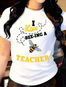 Bee Love Teacher Women's T-Shirt, Casual Short Sleeve T-Shirt, Daily Outdoor Wear T-Shirt, Suitable For Any Occasion, Perfect As A Birthday Gift, For Wear In All Seasons - 白色 - 查看 6