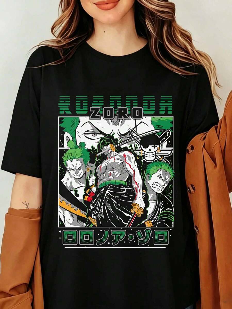 Roronoa Zoro Ones Pieces Anime Graphic T-Shirt Japanese Manga Print Black Cotton Tee Men Women Streetwear Harajuku Top, Ones Pieces Zoro Fanart Graphic T-Shirt - Black - View 1