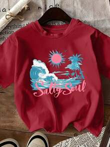 Short-Sleeved T-Shirt With Summer Beach-Style Print, Round Neck, Casual Top, Suitable For Spring And Summer, Classic Women's Clothing, Simple, Elegant And Versatile, 100% Cotton. - 紅色 - 查看 1