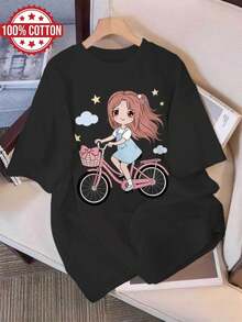 Ropa de verano para mujer, camisetas casuales para mujer, estilo Q, estampado de ciclista, manga corta, cuello redondo, camiseta adecuada para fiestas y uso diario, perfecta para vacaciones y tiempo de juego, ideal para fiestas y vacaciones en familia, estilo urbano, moda moderna, atuendo de fiesta, ropa casual de verano. - Negro - Ver 1