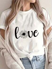 Women's Casual Short Sleeve T-Shirt, Valentine's Day | Daisy Print Design, Fashionable Round Neck, Comfortable Fit, Suitable For All Seasons, Durable Fabric. - 白色 - 查看 1