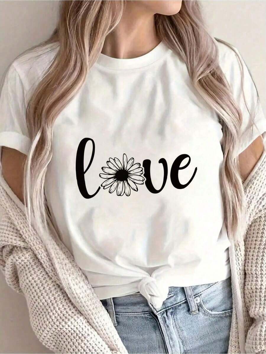 Women's Casual Short Sleeve T-Shirt, Valentine's Day | Daisy Print Design, Fashionable Round Neck, Comfortable Fit, Suitable For All Seasons, Durable Fabric. - 白色 - 查看 1