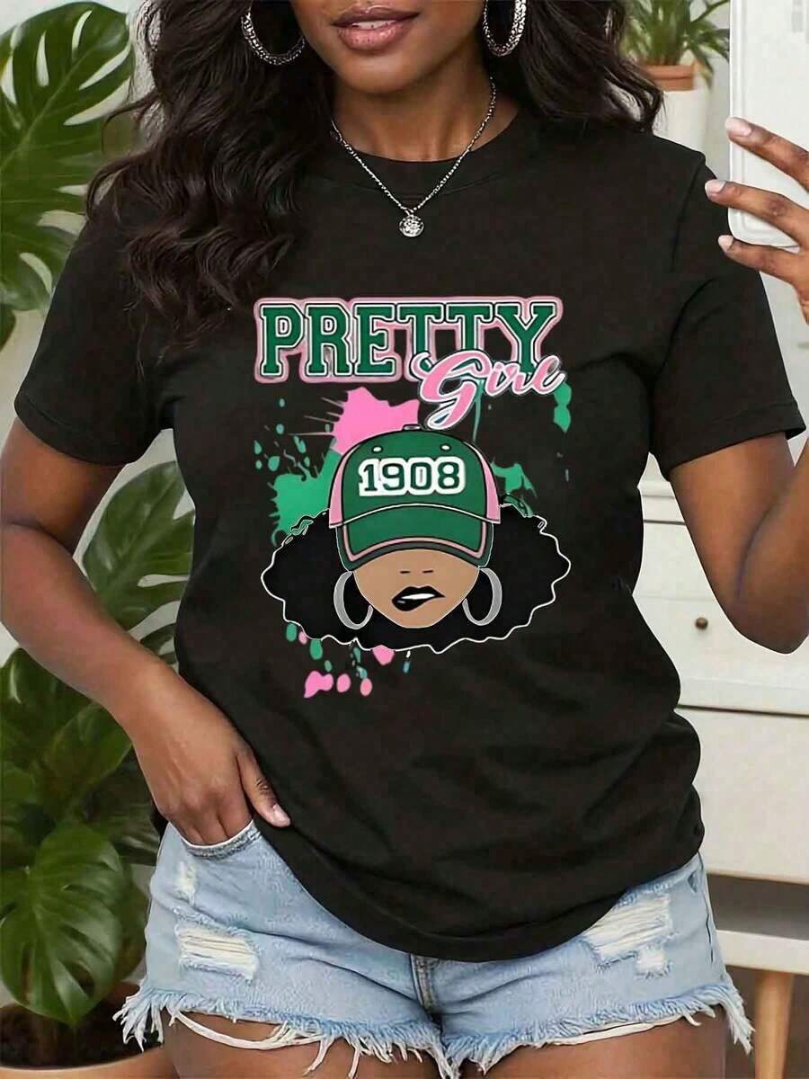 Camiseta de Mujer con Diseño de Gorra Pretty Girl 1908, Cuello Redondo, Estilo Casual, Idea de Regalo, Aka Sorority - Negro - Ver 1