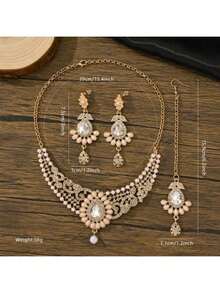 Bộ trang sức 4 món sang trọng đính đá lấp lánh và ngọc trai giả, mặt dây chuyền hình giọt nước, gồm dây chuyền cài tóc, bông tai và vòng cổ, thích hợp cho đám cưới, lễ hội, mặc hàng ngày và làm quà tặng hẹn hò cho phái nữ. - Loại ngọc trai - Xem 4