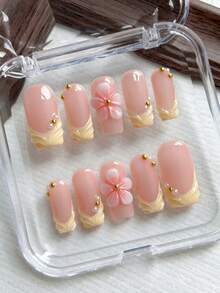 10片方形手工按压式美甲贴片，黄色法式甲片，3D立体浮雕装饰，简约可爱亚克力美甲，适合女孩和女士日常、度假和上学美甲装饰，包含果冻胶和指甲锉，是送给女孩的理想礼物。 - 黃色 - 查看 2
