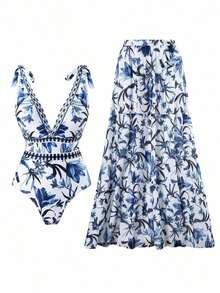 Swim Oasis Traje de baño de una pieza con cuello en V, estampado floral azul, diseño halter y espalda descubierta, con falda transparente.Atuendo de playa de verano de alta gama para mujer - Azul y blanco - Ver 9