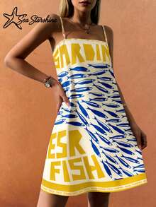 Vestido casual y versátil con tirantes de espagueti, estampado tropical de sardinas, letra y diseño de estrella de mar brillante en estilo bohemio para vacaciones de primavera/verano en la playa para mujeres - Amarillo azul - Ver 5