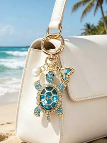 Crystal Turtle Keychain Pendant With Rhinestones, Pearl And Ocean Charms, Metal Alloy Keyring - Multicolor - View 5
