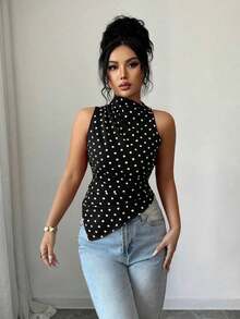 Blusa ajustada con dobladillo asimétrico y lunares rojos, top elegante para fiestas de Navidad y Año Nuevo, verano - Negro - Ver 5