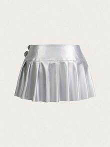 ICON Falda midi plisada de cintura elástica con abertura, de color liso, de uso casual para mujer - Plateado - Ver 2