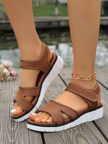 Fairy Style Summer New Casual Versatile Fashion Platform Waterproof Thick Bottom Slippers, Large Size Women's Shoes Wholesale, Open Toe Minimalist Holiday Beach Slides, Fabric Hook And Loop Design - Brown - View 6