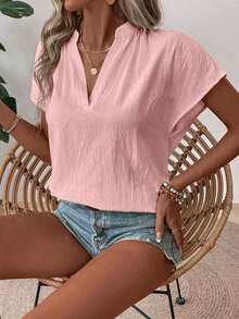 Blusa de mujer de unicolor con textura y cuello en V de manga corta versátil - Rosa Pálido - Ver 5