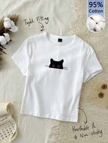 95% algodón. Camiseta corta de manga corta, cuello redondo, ajustada y recortada de unicolor minimalista casual para mujer, vintage, softgirl, elegante. Se puede usar en todas las estaciones, old money, salidas de verano, en casa, vuelta al cole, otoño. - Multicolor 6 - Ver 1