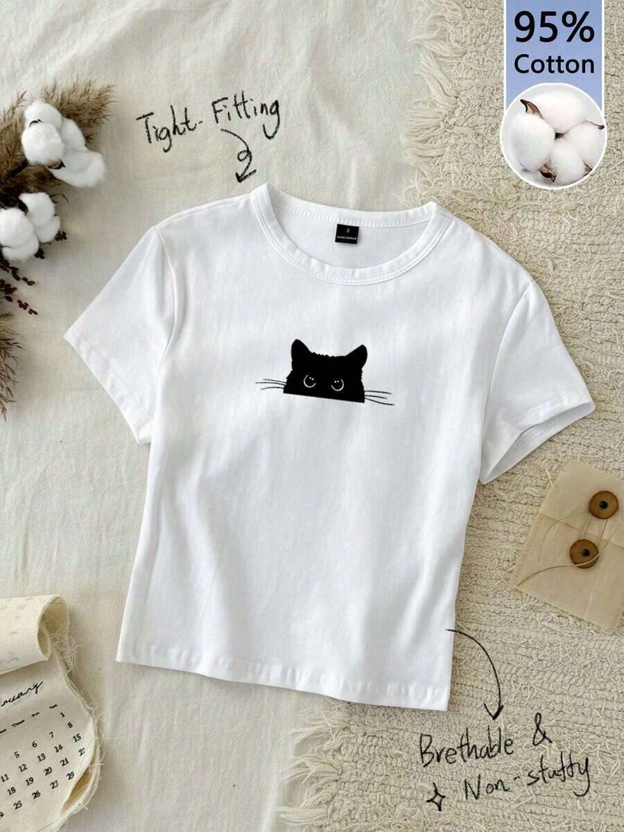 95% algodón. Camiseta corta de manga corta, cuello redondo, ajustada y recortada de unicolor minimalista casual para mujer, vintage, softgirl, elegante. Se puede usar en todas las estaciones, old money, salidas de verano, en casa, vuelta al cole, otoño. - Multicolor 6 - Ver 1