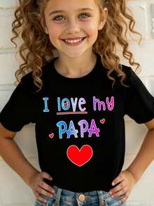 1 pieza de camiseta de manga corta de moda de verano para niñas con estampado de corazón de dibujos animados 'I Love My Papa', top casual y versátil NY-DX4324180g 100% algodón - Negro - Ver 1