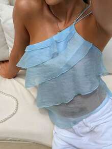Nueva blusa elegante y romántica de primavera/verano para citas, Día de San Valentín, temporada de bodas, de gasa rosa con un hombro, espalda descubierta, volantes en capas, blusa de playa sexy con volantes, atuendo de boda, camisa rosa elegante y - Azul - Ver 5