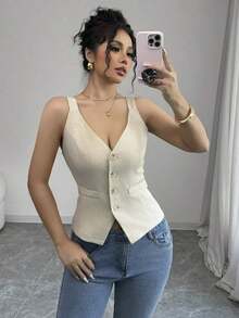 Camiseta sin mangas de un solo pecho de unicolor casual para mujer - Albaricoque - Ver 1