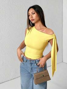 Camiseta de tirantes de unicolor informal con cuello de halter y lazada para el verano - Mostaza Amarilla - Ver 8