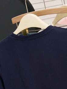 1 pieza Camiseta de moda para mujer con flecos, seda de leche de 180g - Azul marino - Ver 3