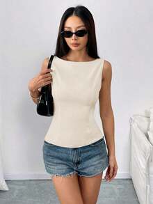 Camisa sin mangas con lazo en la espalda de unicolor, elegante, casual, sexy y minimalista para uso en la oficina y negocios para mujeres, primavera/verano - Albaricoque - Ver 4