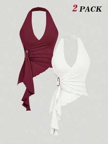 2 piezas Parte superior de tirantes casual con hebilla metálica anudada y bajo asimétrico ajustado, ropa de mujer para Navidad, Año Nuevo, fiesta, Acción de Gracias, blanco, salir, vacaciones - Burdeos - Ver 1