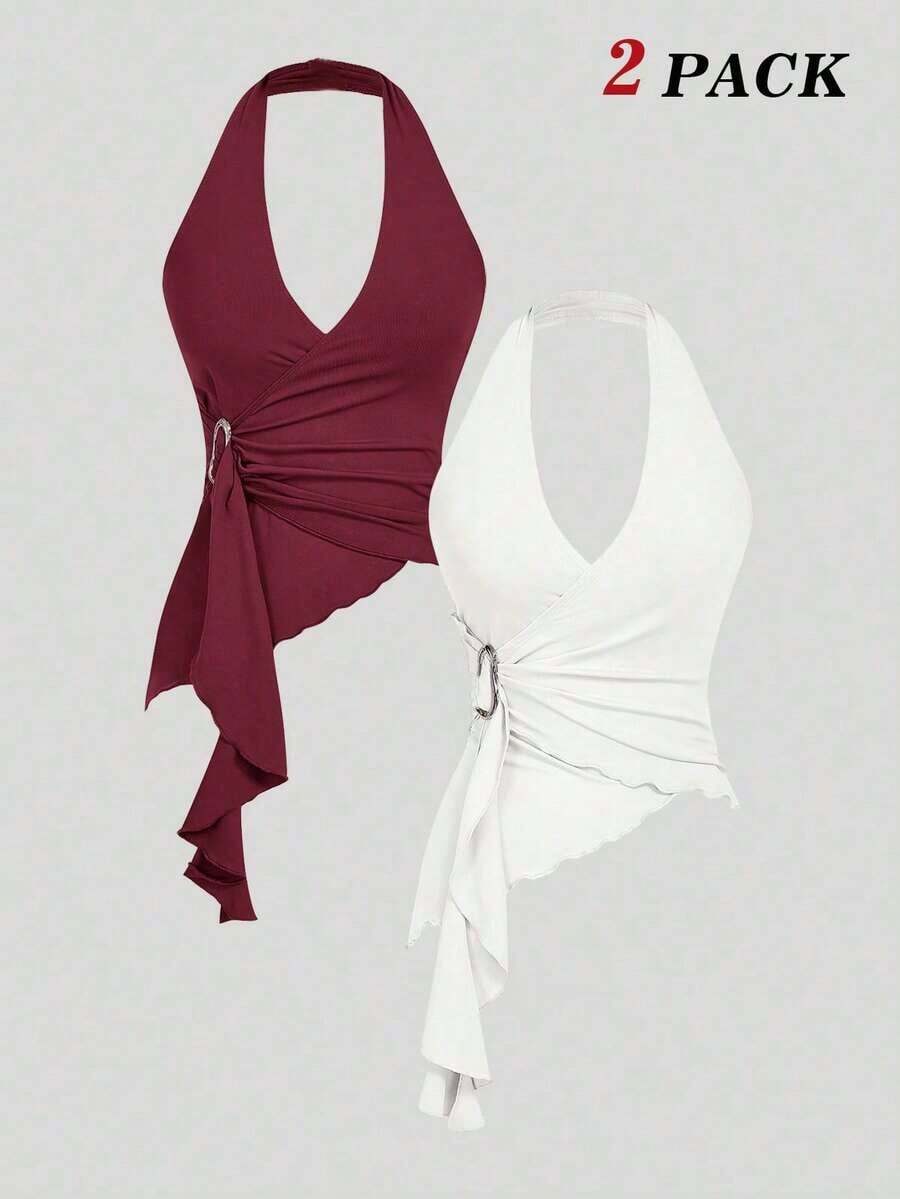 2 piezas Parte superior de tirantes casual con hebilla metálica anudada y bajo asimétrico ajustado, ropa de mujer para Navidad, Año Nuevo, fiesta, Acción de Gracias, blanco, salir, vacaciones - Burdeos - Ver 1