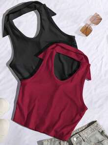 Blusa sin mangas con cuello polo y escote en V para mujer, de estilo casual y chic para la calle, en color marrón - Multicolor 4 - Ver 2
