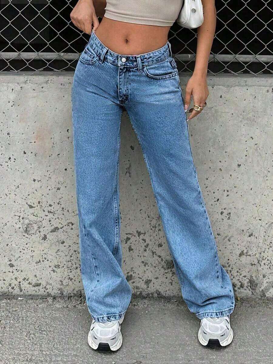 Jeans de unicolor versátiles y casuales para adolescentes/mujeres jóvenes - Azul lavado medio - Ver 1