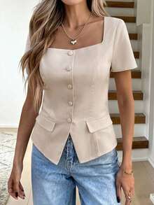 Camisa de unicolor sin mangas con cuello, top de estilo vintage retro para oficina - Albaricoque - Ver 2
