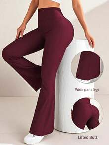 Pantalones acampanados de cintura alta de unicolor para mujer, leggings deportivos de yoga, pantalones ajustados de compresión, pantalones para correr y fitness, ropa de mujer, leggings de mujer, pantalones largos de verano para mujer primavera - Burdeos - Ver 3