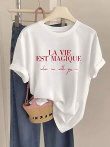 Camiseta Casual Blanca para Mujer con Estampado Gráfico, Cuello Redondo, Manga Corta con Hombros Caídos, Tejido de Punto, Largo Regular 7LHV - Blanco - Ver 2